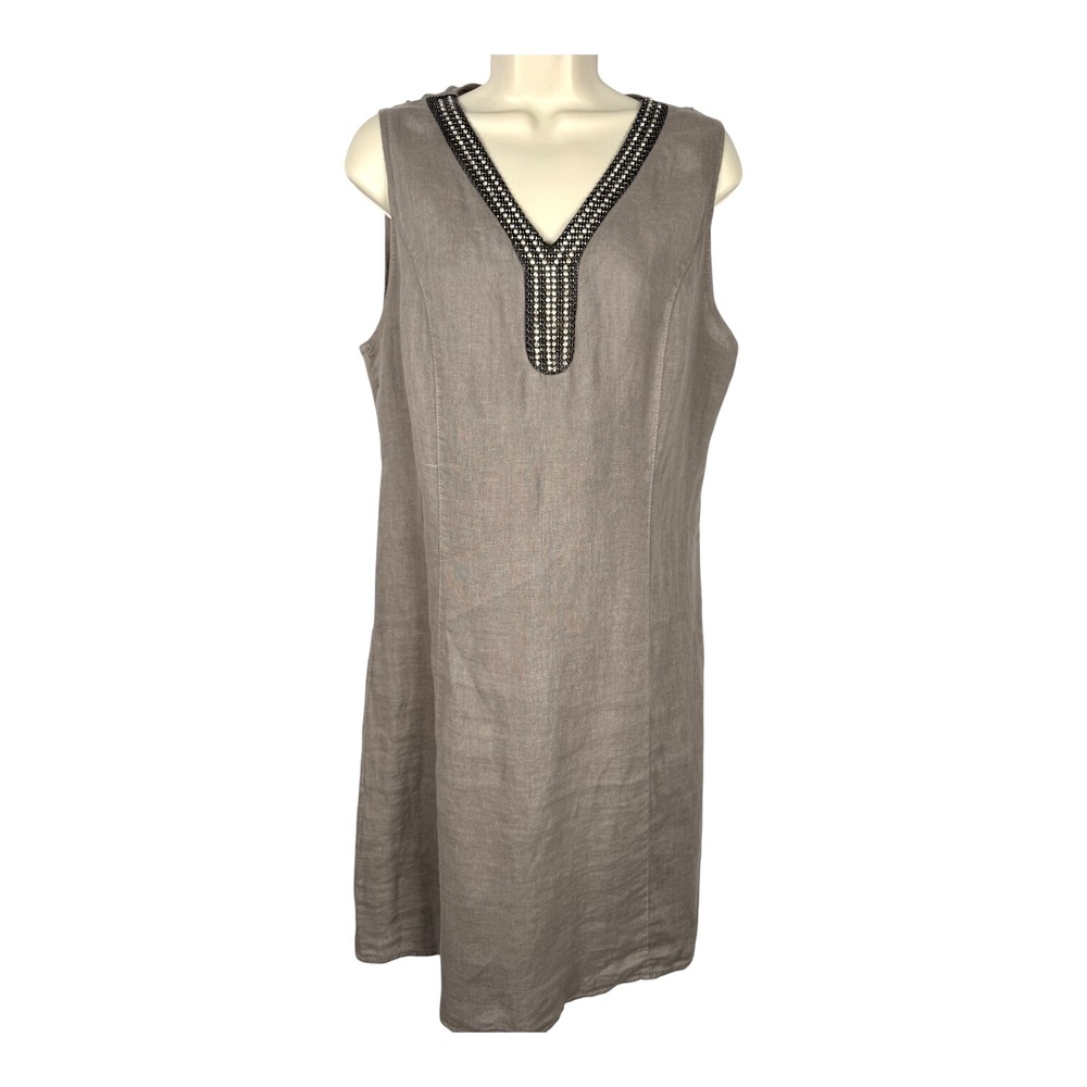 Lina Tomei Linen Dress Womens M Taupe Sleeveless Embellished Italy Made In Italy